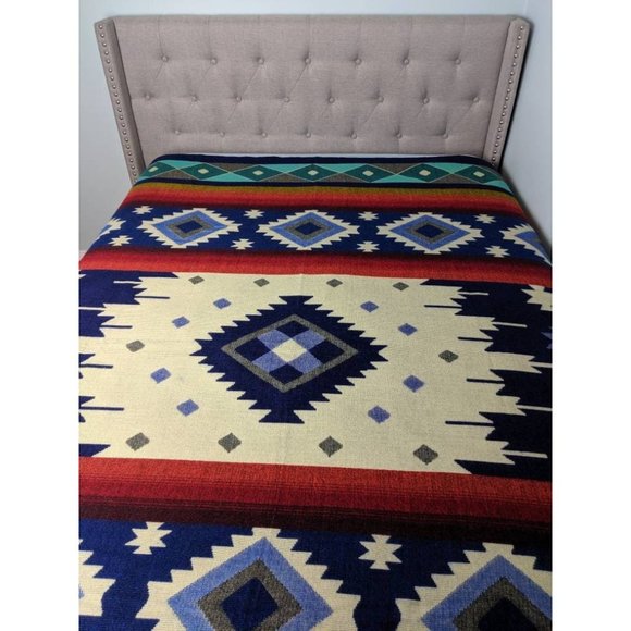 Alpaca Queen Size Blanket, Imperial Blue Geometrical Throw, Native Design Campin - Picture 2 of 10